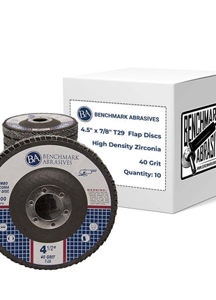 Benchmark Abrasives 4.5 inch x 7/8 inch Premium High Density Jumbo Zirconia Type 29 Flap Discs 4 1/2 for Angle Grinder, Sanding Discs, Finishing - Grinding Wheels 4 1/2 Inch (10 Pack) - 40 Grit