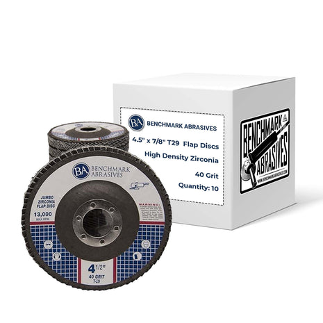 Benchmark Abrasives 4.5 inch x 7/8 inch Premium High Density Jumbo Zirconia Type 29 Flap Discs 4 1/2 for Angle Grinder, Sanding Discs, Finishing - Grinding Wheels 4 1/2 Inch (10 Pack) - 40 Grit