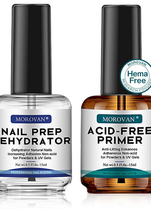Morovan Professional Natural Nail Prep Dehydrate and Acid-Free Primer, Dehydrator for Acrylic and Gel Nail Polish, Non Acid Primer for UV Gels Fast Dry Superior Bonding Agent Gift Box Set