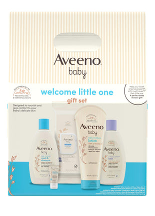 Aveeno Baby Welcome Little One Gift Set, Baby Skincare Set with Nourishing Baby Body Wash & Shampoo, Calming Bath Wash, All Over Baby Wipes, Daily Moisturizing Lotion, & Baby Balm, 5 Items