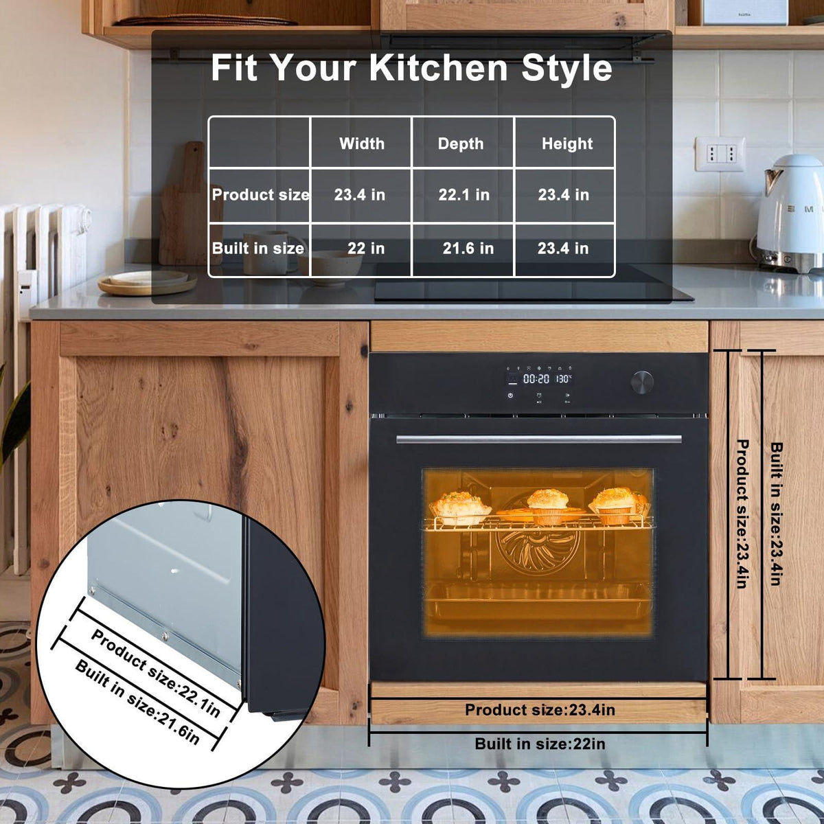 24 Inch Electric Single Wall Oven, 2.5 Cu.ft Built-in Convection System with 8 Cooking Functions in Stainless Steel, Touch Control