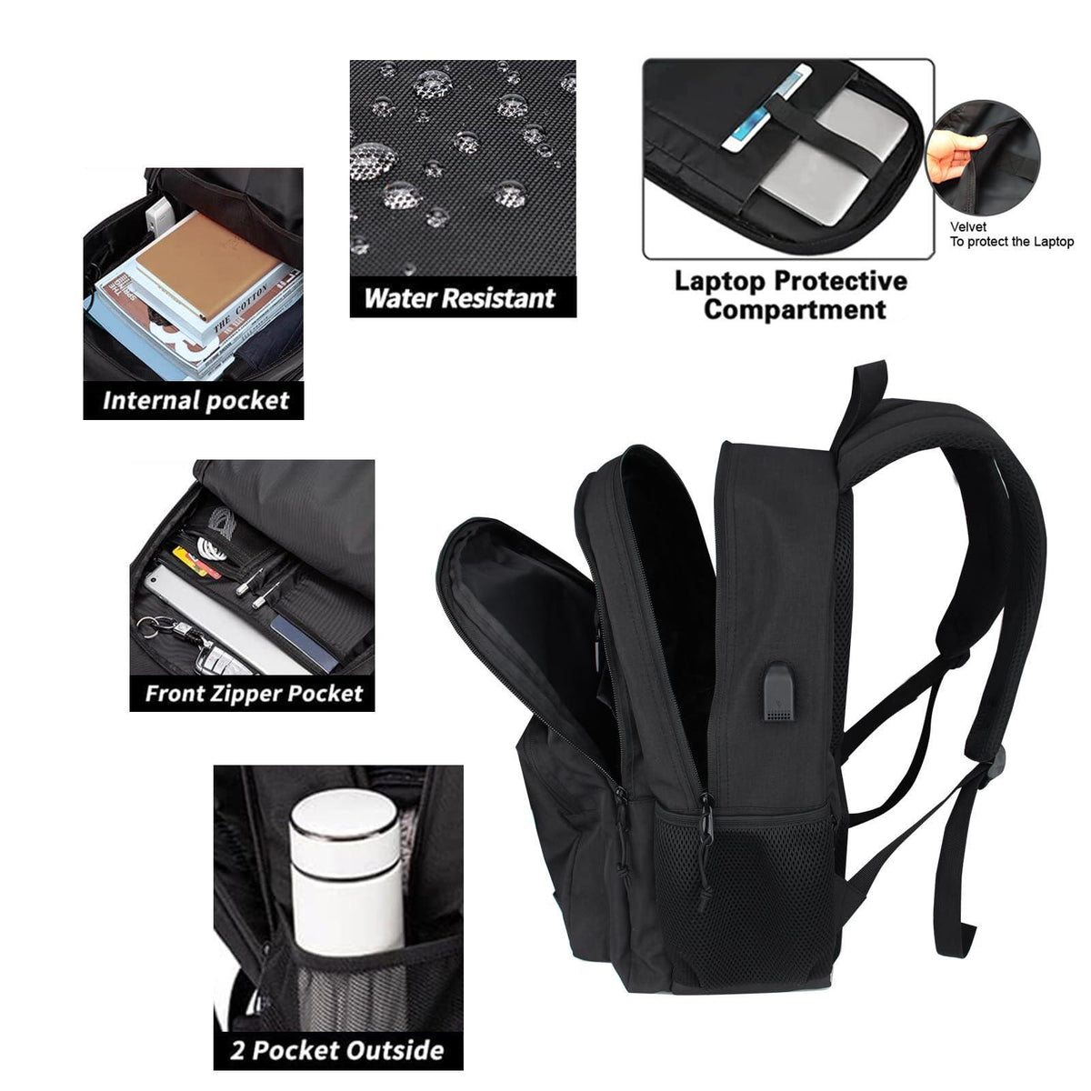 KEOFID Travel backpack for Men and Women, Anti Theft Laptop Backpack with USB Charging Port for Work, Large Bag for College, BLACK BOOK BAG FOR BOYS, GILRS Backpack,Water Resistent(Black)