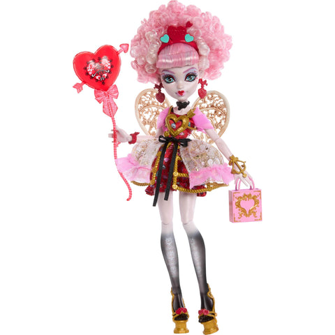 Monster High Scary Sweet Birthday Doll, Cupid Asteria in Pink and Red Party Dress with Themed Accessories Like Invite, Balloon, Gift and More