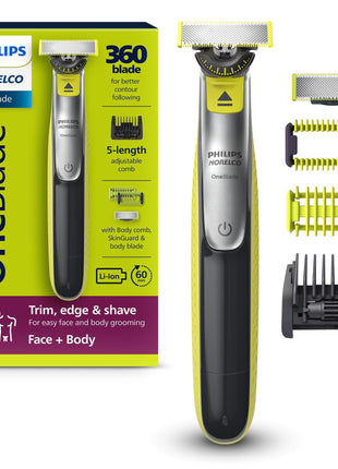 Philips Norelco OneBlade 360 Hybrid Face + Body Trimmer and Shaver | 360 Blade Technology, 100% Showerproof, Stainless Steel Blade Lasts up to 4 months, Body Kit, 60-Min Runtime, QP2834/70