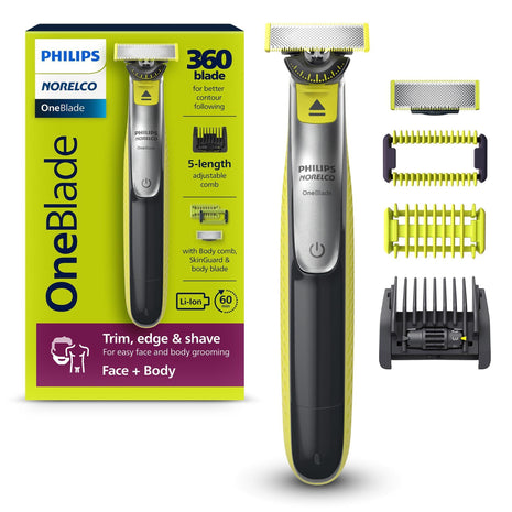 Philips Norelco OneBlade 360 Hybrid Face + Body Trimmer and Shaver | 360 Blade Technology, 100% Showerproof, Stainless Steel Blade Lasts up to 4 months, Body Kit, 60-Min Runtime, QP2834/70