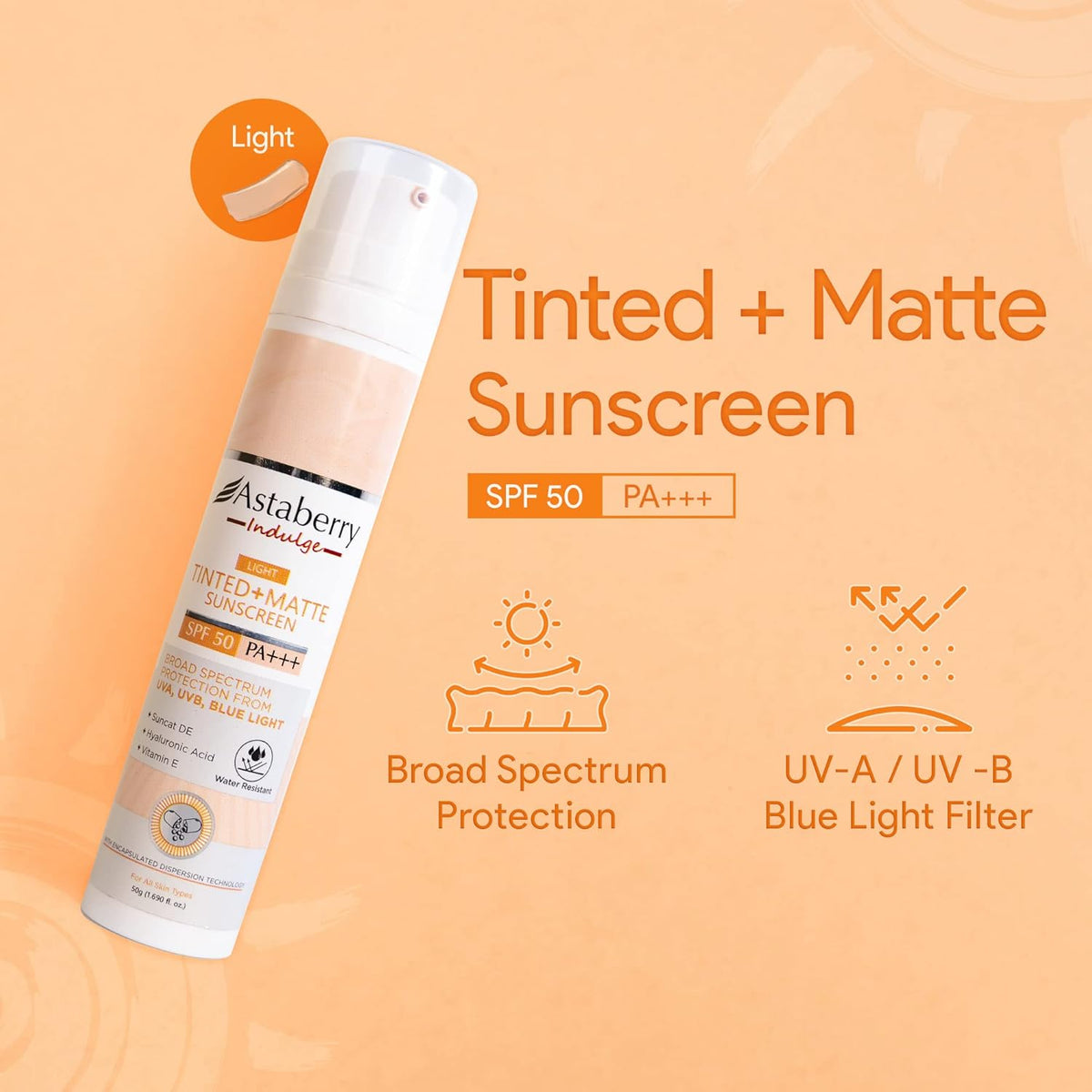 Astaberry Indulge Tinted Matte Sunscreen SPF 50 PA+++ | Broad Spectrum Protection from UVA/B & Blue Light | Suncat DE & No White Cast |Provides a Light Tint - 50g (Light)