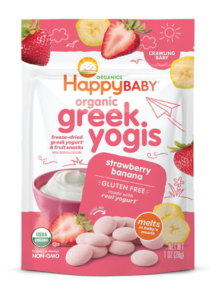 Happy Baby Organics Baby Snacks, Greek Yogis, Freeze Dried Yogurt & Fruit Snacks, Gluten Free Snack for Babies 9+ Months, Strawberry & Banana, 1 Ounce