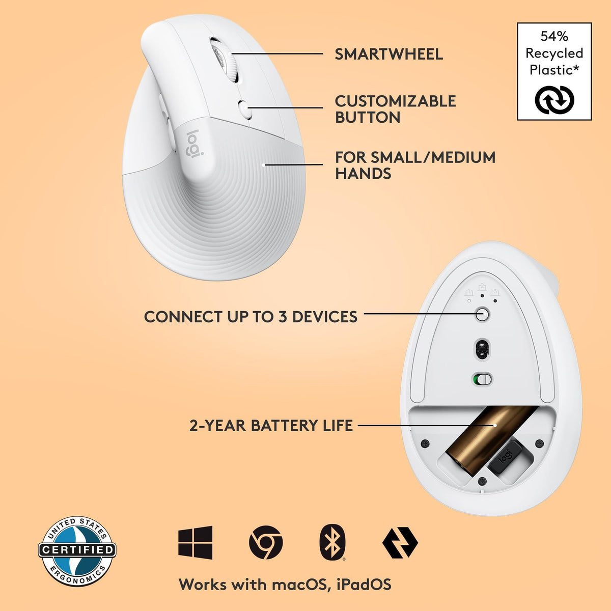 Logitech Lift Vertical Ergonomic Mouse, Wireless, Bluetooth or Logi Bolt USB receiver, Quiet clicks, 4 buttons, compatible with Windows/macOS/iPadOS, Laptop, PC - Off White