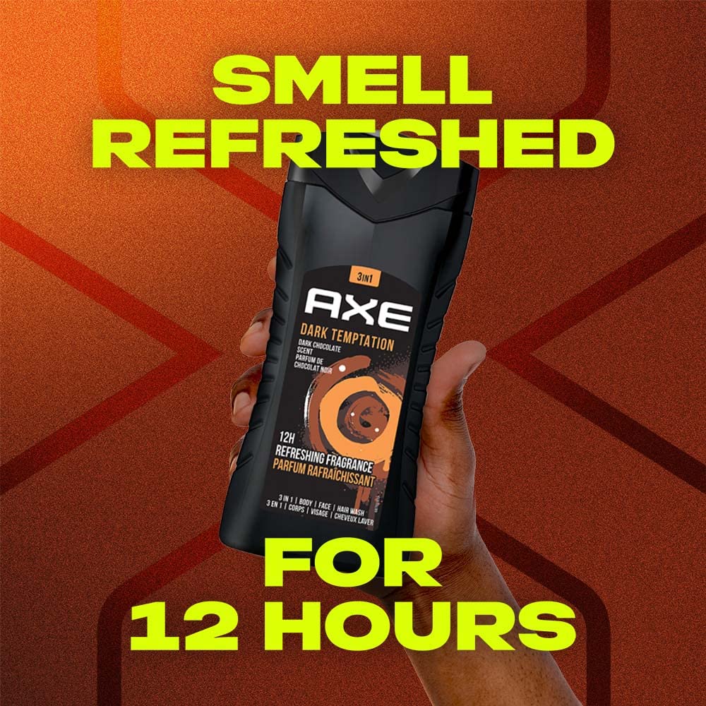 AXE Dark Temptation 3 In 1 Body, Face & Hair Wash for Men, Long-Lasting Refreshing Dark Chocolate Fragrance, Natural Origin Ingredients, Removes Odor & Bacteria, Dermatologically Tested 250ml