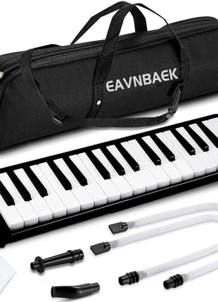 Eavnbaek 32 Keys Melodica Instrument, Soprano Melodica Air Piano Keyboard Pianica with 2 Soft Long Tubes, 2 Short Mouthpieces and Carrying Bag (Black)