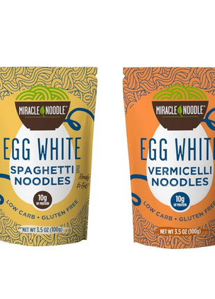 Miracle Noodle Egg White Pasta Variety Pack, 3.5 Oz (Pack of 6), Spaghetti, Vermicelli Angel Hair, Ready to Eat Egg White Noodles, 10g Protein, 45 Calories, 1g Net Carbs Per Serving, High Protein, Keto, Gluten-Free