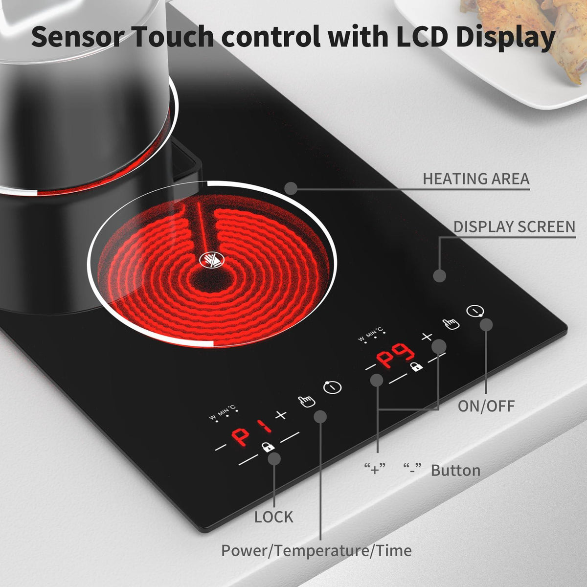 VBGK Electric Cooktop,12 Inch Built-in Radiant Electric Stove Top,110V 2100W 2 burner cooktop With 9 Heating Level, Timer & Kid Safety Lock, Sensor Touch Control 2 burner Induction Cooktop
