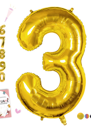 40 Inch Gold Number 3 Balloon, 3rd Birthday Decoration Boys Girls | Large Self Inflating Number Balloons, Mylar Foil Helium Balloon for Women Men Party Anniversary Supplies Reusable