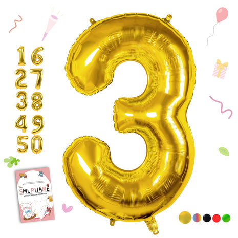 40 Inch Gold Number 3 Balloon, 3rd Birthday Decoration Boys Girls | Large Self Inflating Number Balloons, Mylar Foil Helium Balloon for Women Men Party Anniversary Supplies Reusable