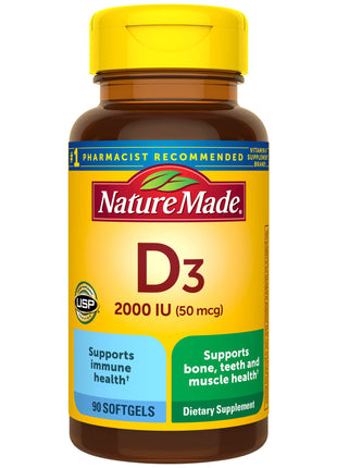 Nature Made Vitamin D3 2000 IU (50 mcg), 90 Vitamin D Softgels | Vitamin D Supplement for Immune, Bone, Teeth and Muscle Health Support, 90 Day Supply
