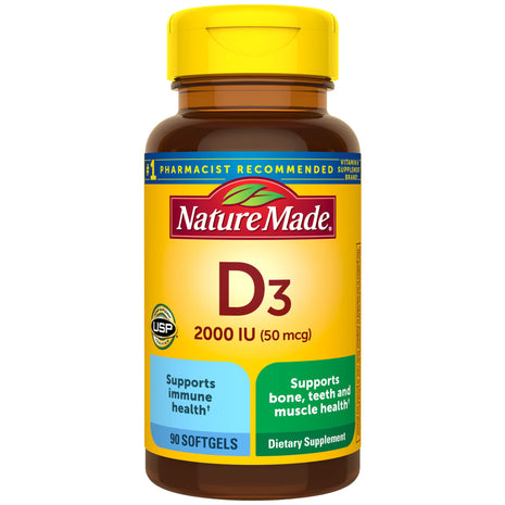 Nature Made Vitamin D3 2000 IU (50 mcg), 90 Vitamin D Softgels | Vitamin D Supplement for Immune, Bone, Teeth and Muscle Health Support, 90 Day Supply