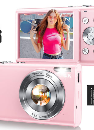 Digital Camera,Autofocus 4K Vlogging Camera for Photography with 32GB Card,48MP Portable Compact Point and Shoot Digital Camera for Teens Adult Beginner with 16X Zoom,Anti-Shake,2 Batteries(Pink)