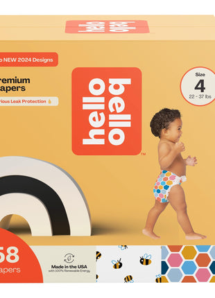 Hello Bello Premium Diapers Size 4 (22-37lbs), Busy Bees & Hive Five Designs, 58ct Club Box