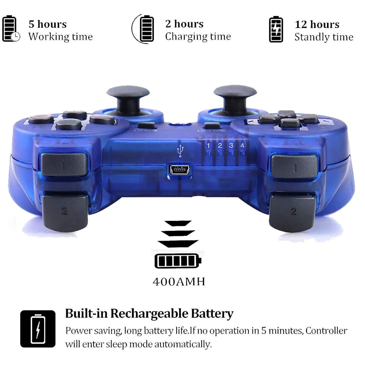 Burcica Wireless Controller for PS-3 Motion Sense Double Vibration Upgraded Gaming Remote for Play 3 with Charging Cord (Transparent Green and Transparent Blue)