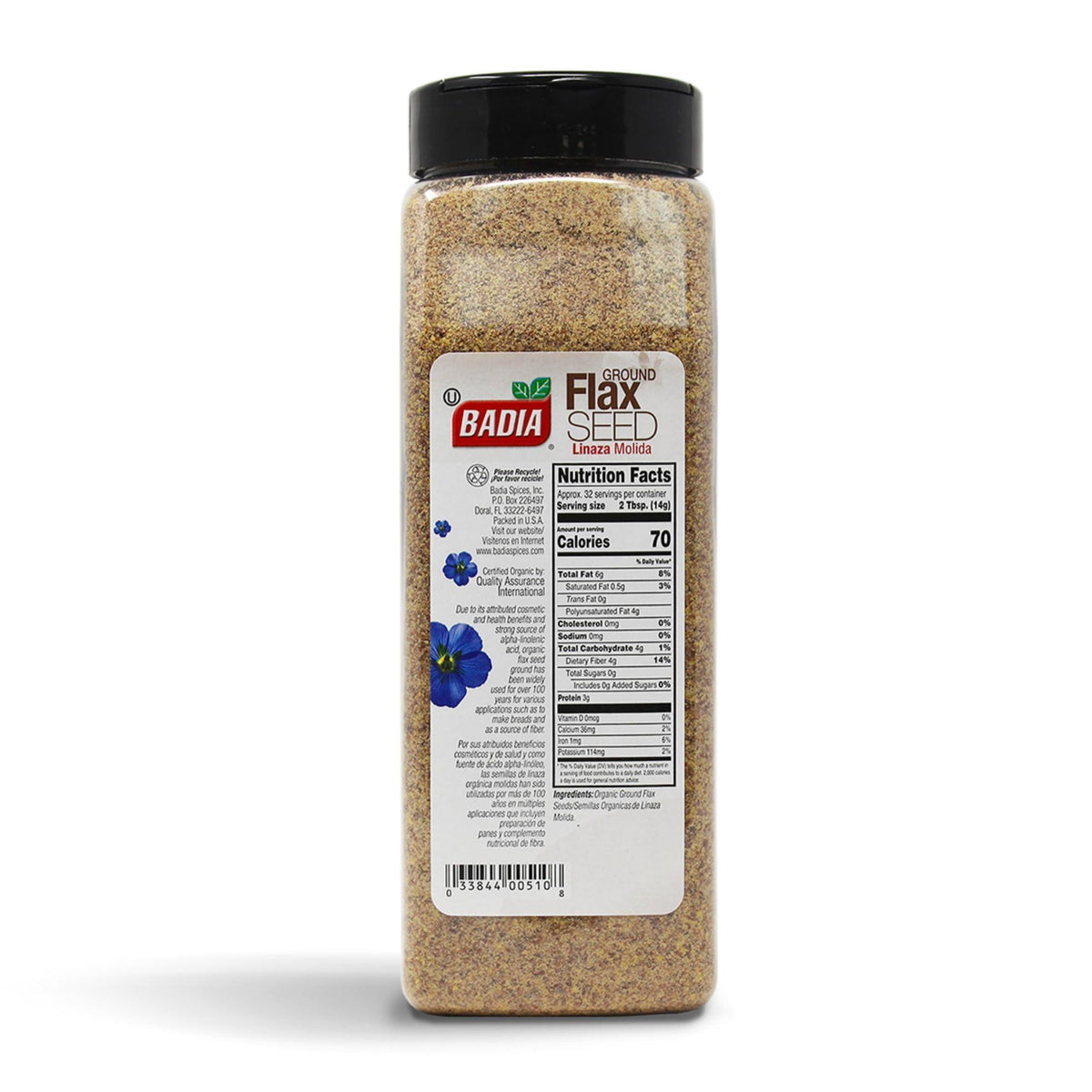 Badia Organic Ground Flax Seed, 16 oz - Superfood High in Fiber & Omega-3, Certified Organic, Non-GMO, Baking, Smoothies & Cooking