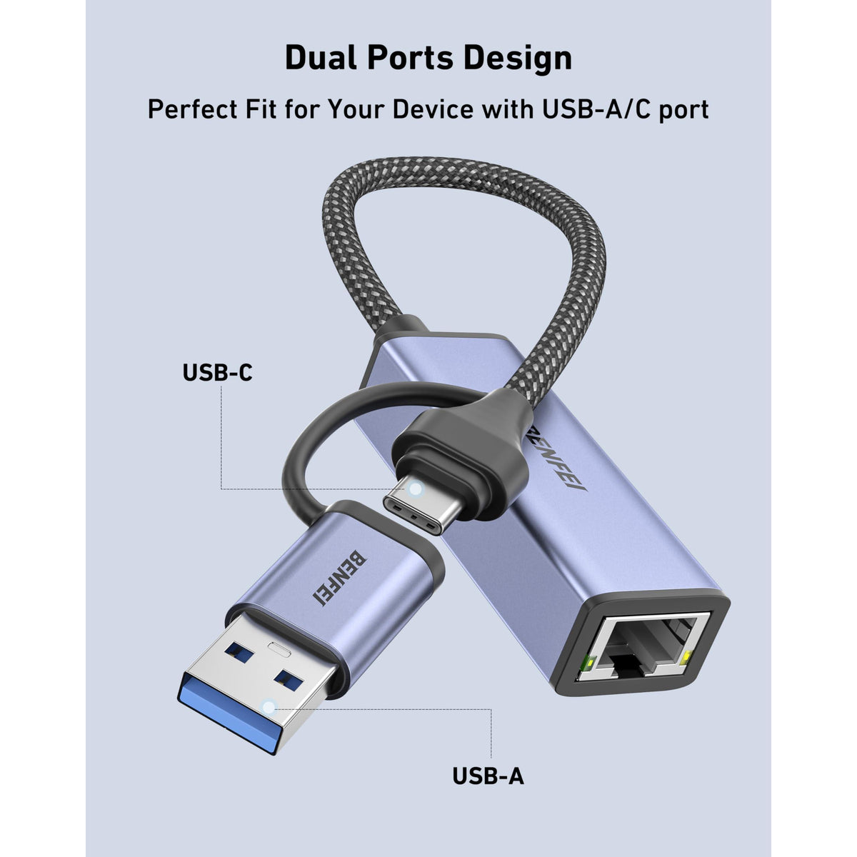BENFEI USB 3.0 to Ethernet Adapter, USB C to RJ45 Gigabit LAN (1000Mbps) Network Adapter, Compatible with MacBook/Pro/Air, Surface Pro, Windows 11/10/8/7, Mac OS [Aluminium Shell&Nylon Cable]
