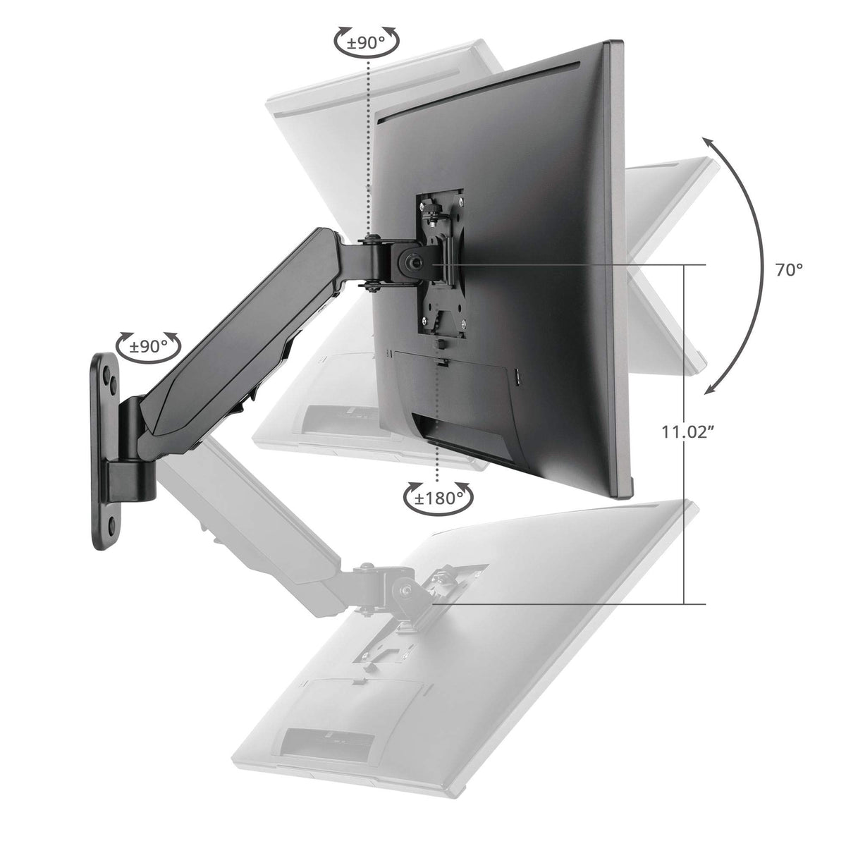 SIIG Aluminum Gas Spring Full Motion Ergonomic Single Arm Monitor Wall Mount - Heavy Duty Holds 17" to 32" Screen, up to 19.8 lbs - Single VESA 75/100m