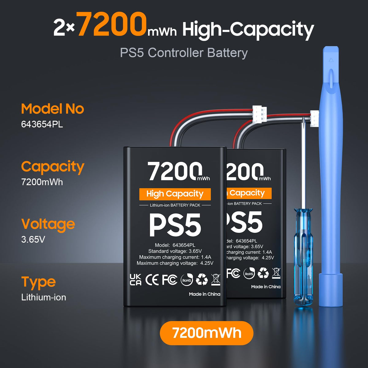 heclynis PS5 Controller Battery, High Capacity 2x7200mWh Rechargeable PS5 Battery Pack for Dualsense Controller with Black Skin, Replacement Batteries for PlayStation 5 with Screwdriver Tool Set