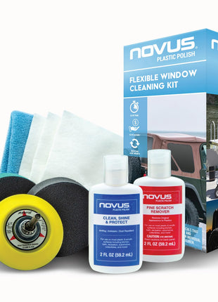 Novus Plastic Polish | Flexible Window Kit | One 3 inch Backing Pad for Drill, One 3 inch Green Foam Pad, One 3 inch Black Foam Pad, 1, 2, Three Polish Mate Wipes, One Microfiber Towel