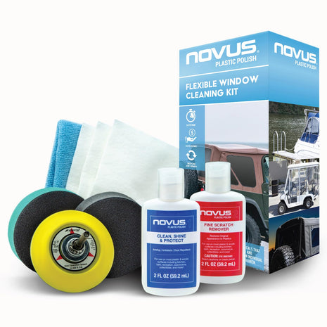 Novus Plastic Polish | Flexible Window Kit | One 3 inch Backing Pad for Drill, One 3 inch Green Foam Pad, One 3 inch Black Foam Pad, 1, 2, Three Polish Mate Wipes, One Microfiber Towel