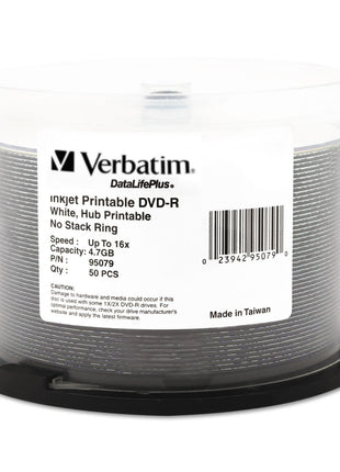 Verbatim DVD-R Blank Discs 4.7GB 16X DataLifePlus White Inkjet Printable Recordable Disc Hub Printable - 50pk Spindle 95079