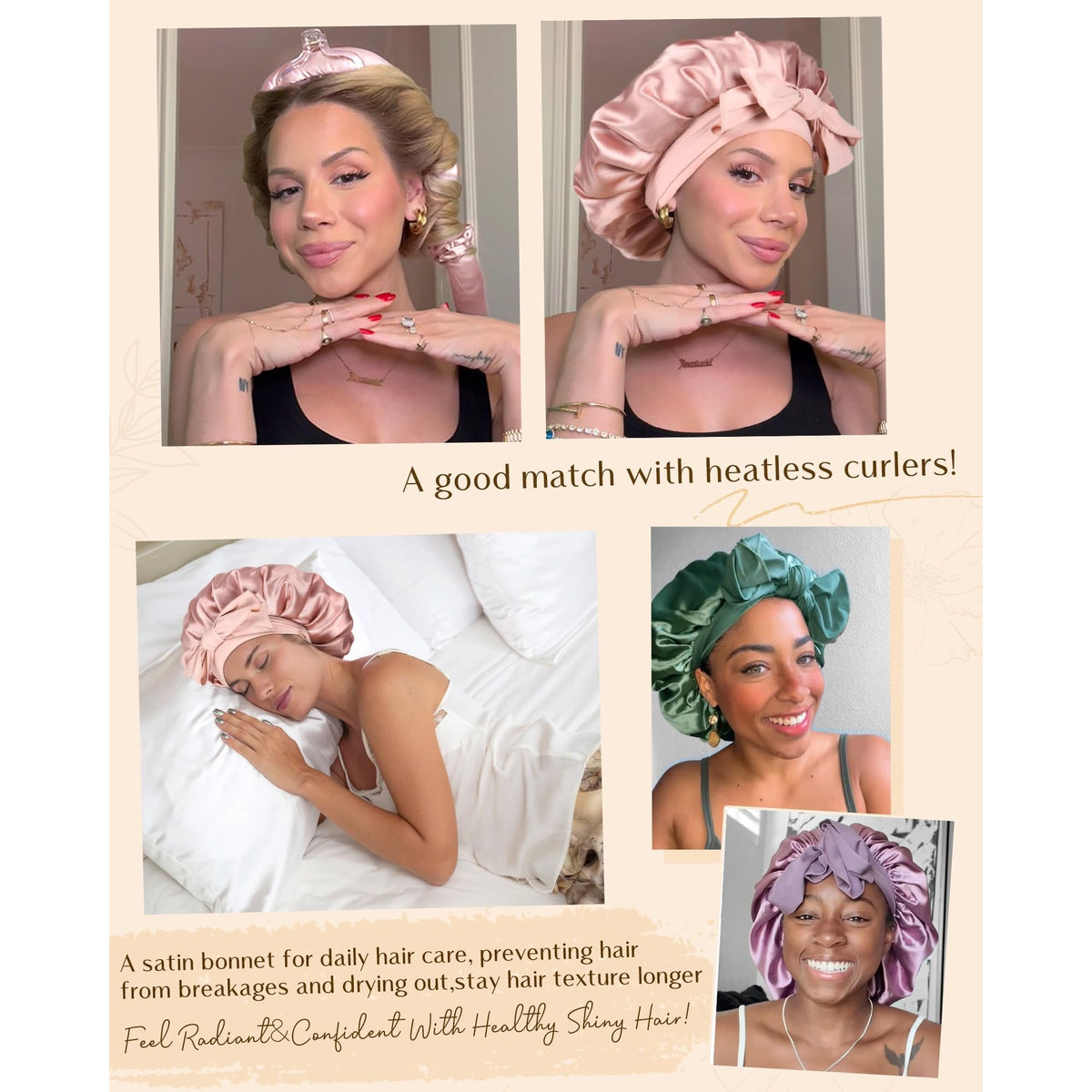 YANIBEST Silk Bonnet for Sleeping Women Satin Bonnet Double Layer Satin Lined Hair Bonnet with Tie Band Curly Hair Blush Pink