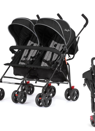Dream On Me Volgo Twin Umbrella Stroller in Black, Lightweight Double Stroller for Infant & Toddler, Compact Easy Fold, Large Storage Basket, Large and Adjustable Canopy