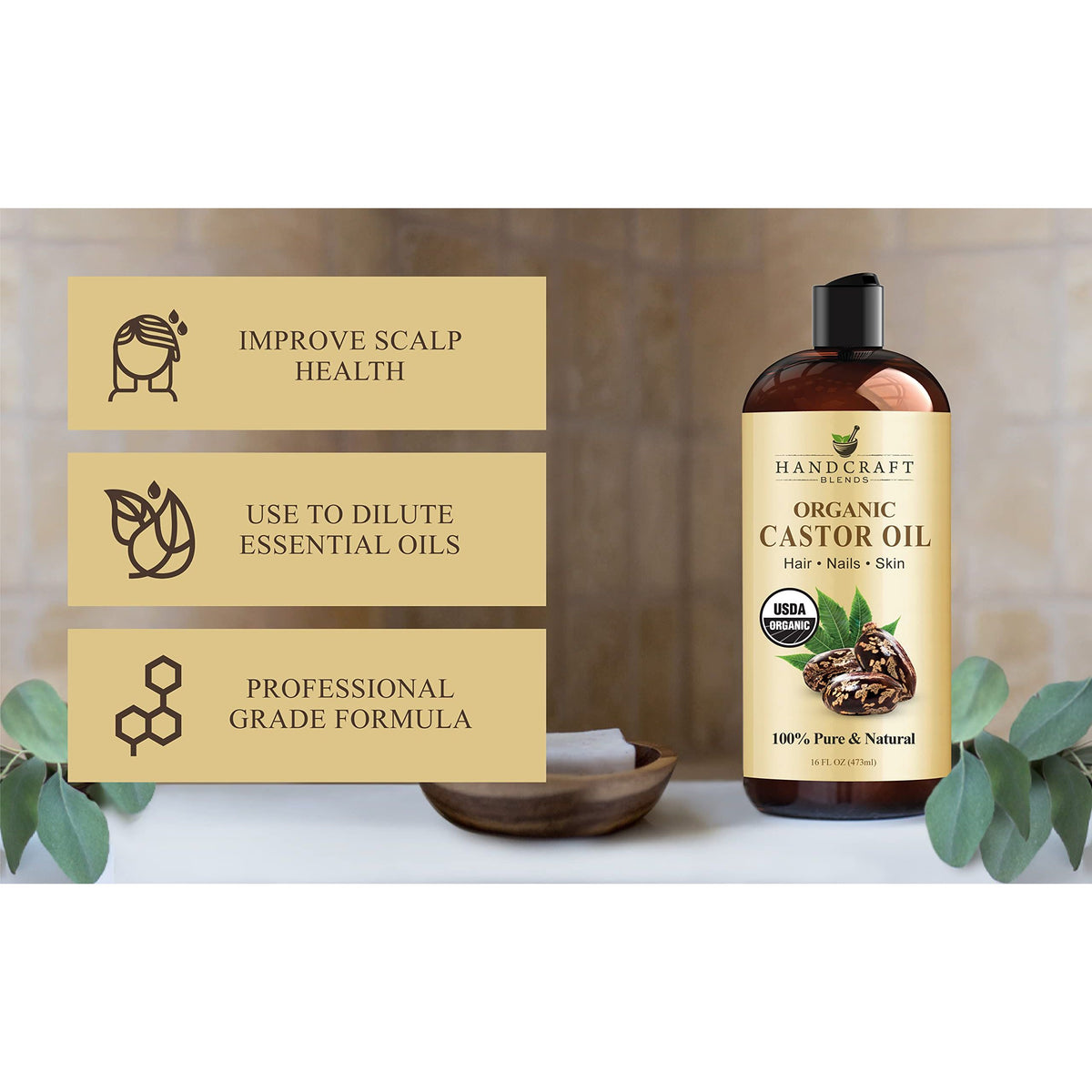 Handcraft Blends Organic Castor Oil - 16 Fl Oz - 100% Pure and Natural - Premium Grade Carrier Oil for Hair Growth, Eyelashes and Eyebrows - Hair and Body - Expeller-Pressed & Hexane-Free