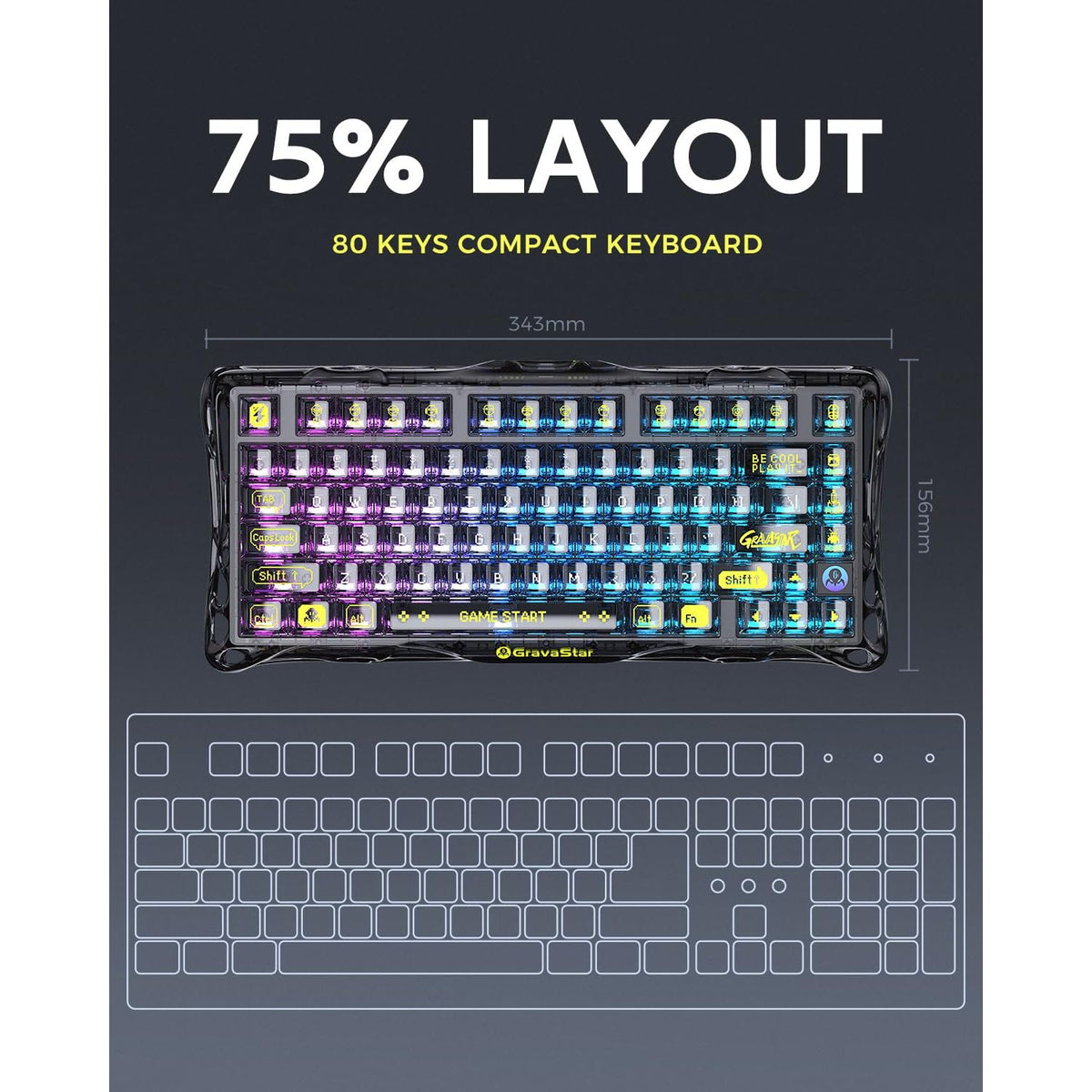 GravaStar Mercury K1 Lite 75% Gaming Keyboard, 2.4GHz/BT/Wired Tri-Mode Wireless Keyboard, Gasket Hot Swappable Mechanical Keyboard, Pre-lubed Linear Switches, RGB Backlit (Transparent Black)
