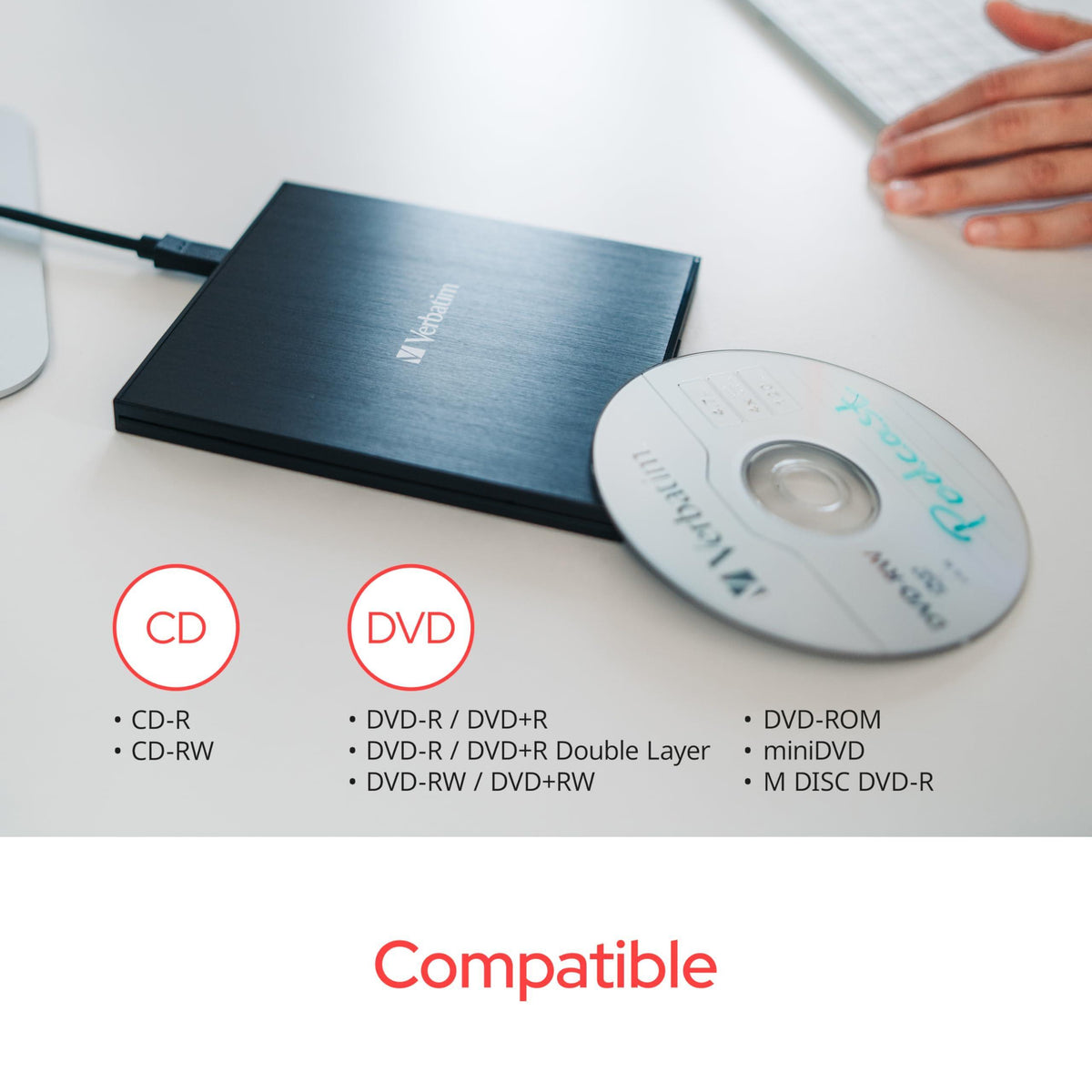 Verbatim Slimline CD / DVD Drive - External USB 2.0 CD DVD +/-RW Burner for Laptops and Notebooks with M-DISC Support - Mac & PC Compatible - Nero Burn & Archive Software Included - Black