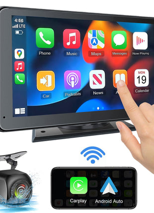 Portable Wireless with Apple CarPlay and Android Auto Screen for Car, 7" HD Touch Screen Car Stereo with Mirror Link, Bluetooth 5.2, Backup Camera, AUX,FM Transmitter for All Vehicle