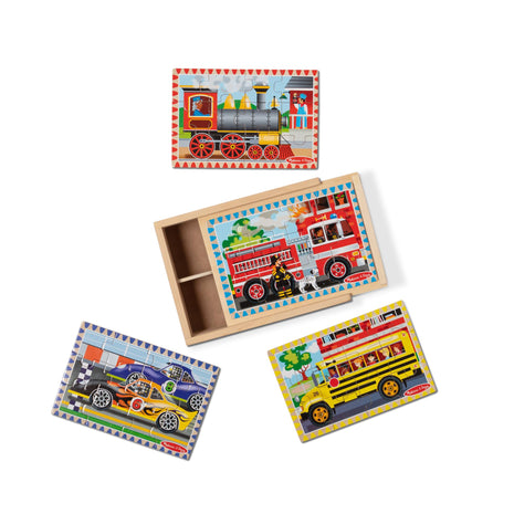 Melissa & Doug 4‐in‐1 Wooden Vehicle Jigsaw Puzzle Set, 48 Pieces with Storage Box, Toddler Puzzle Toy for Kids Ages 3+- FSC Certified