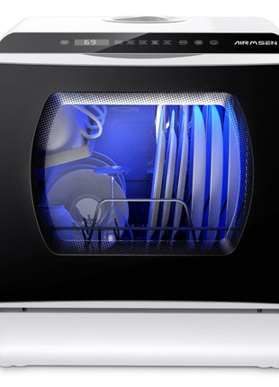 AIRMSEN Portable Countertop Dishwashers, 5 Washing Programs Mini Dishwashers with 5 L Built-in Water Tank and Double-layered Glass Door, No Hookup Needed for Home, Apartments & RVs