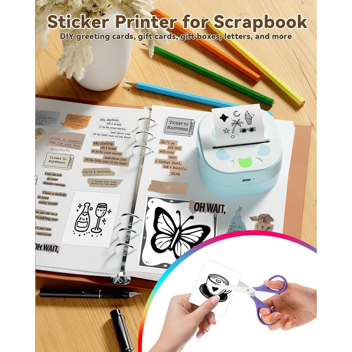 NDYIN Sticker Printer, PrintPods Mini Printer, Bluetooth Portable Sticker Maker with 3 Rolls Paper, Print Pod Inkless Thermal Printers for iphone, Impresora Portátil for Notes, Journal, DIY, Kids Gift