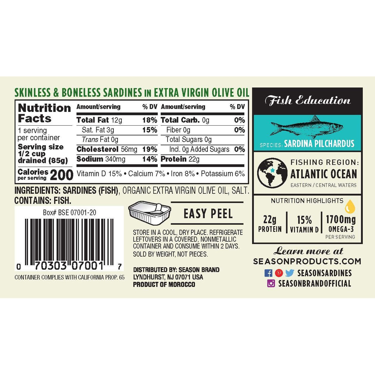 Season Sardines in Extra Virgin Olive Oil - Skinless & Boneless, Wild Caught, 22g of Protein, Keto Snacks, More Omega 3's Than Tuna, Kosher, High in Calcium, Canned Sardines - 4.37 Oz Tins, 12-Pack