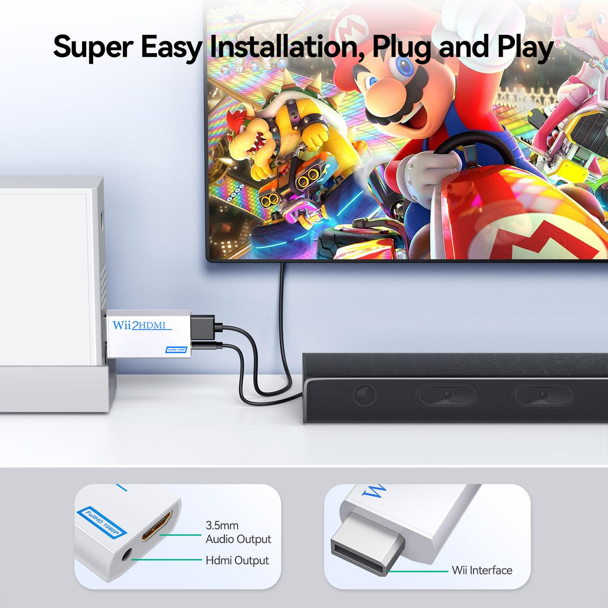 GANA Wii to hdmi Converter, wii to hdmi Adapter, 1080p 720p Connector Output Video & 3.5mm Audio - Supports All Wii Display Modes (wii to hdmi White)
