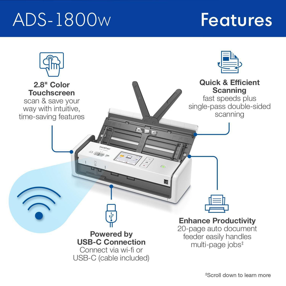 Brother ADS-1800W Wireless Compact Desktop Scanner | Scan Speeds of Up to 30ppm | 2.8" Color Touchscreen
