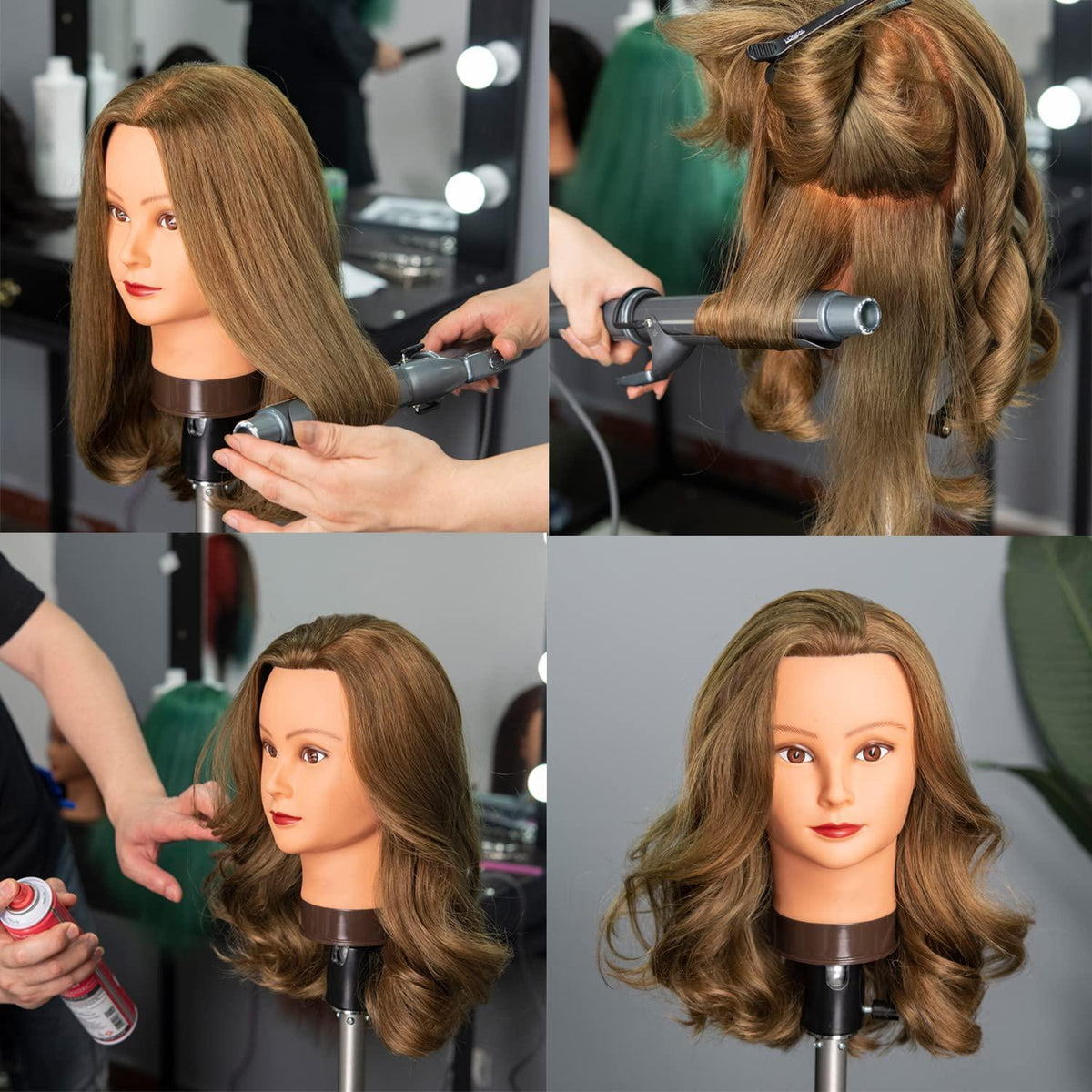 Traininghead 20-22" Female 100% Human Hair Mannequin Head Hair Styling Training Head Cosmetology Manikin Head Doll Head for Hairdresser with Free Clamp (brown)（14-16'' ）