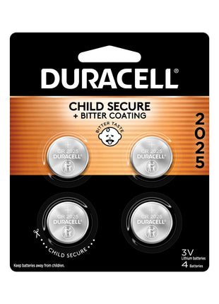 Duracell 2025 Lithium Battery, 4 Count (Pack of 1) Child Safety Features, Lithium Coin Battery for Key Fob, Car Remote, and other devices, CR2025 3 Volt (3V) Cell