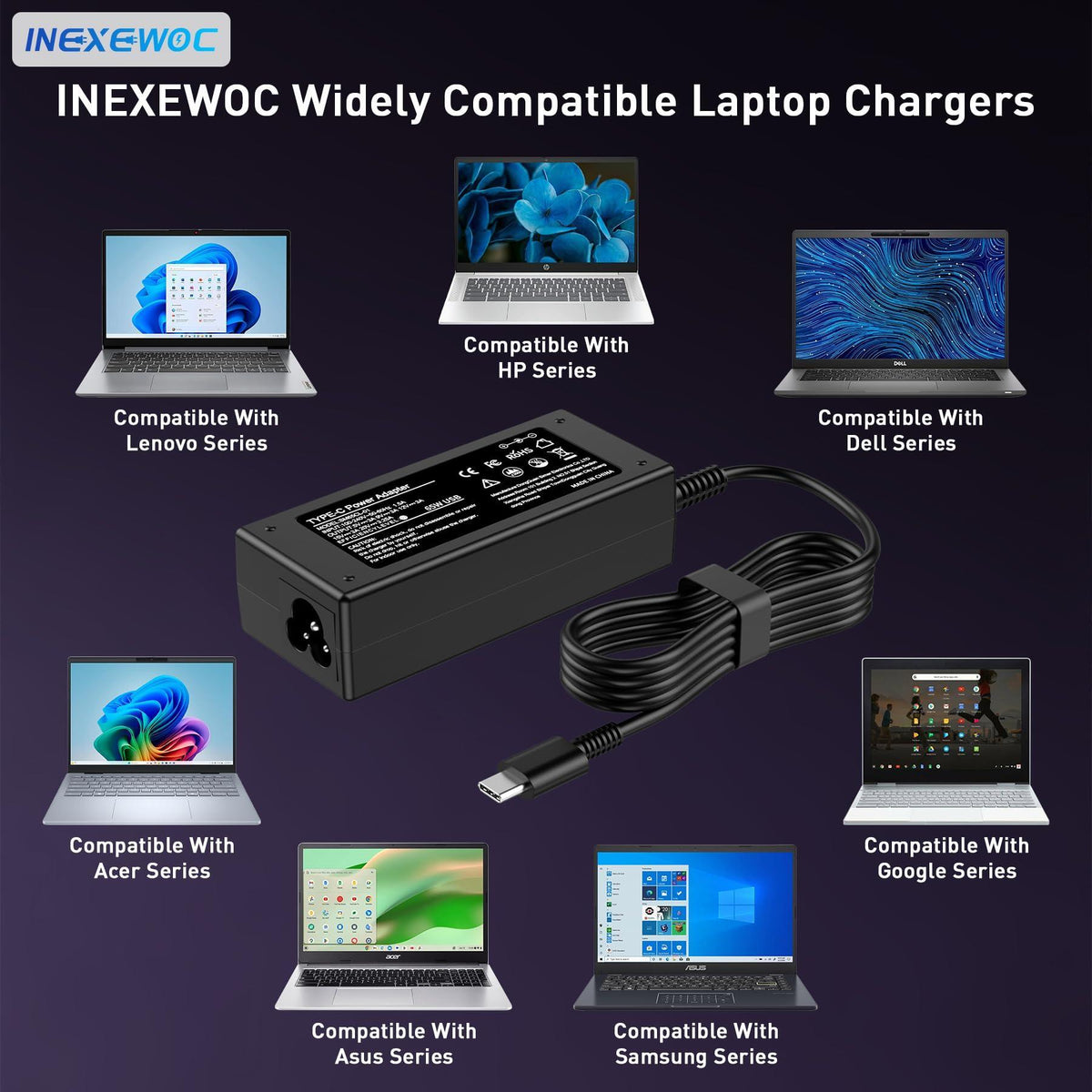 INEXEWOC Universal 65W USB C Laptop Charger Compatible with Lenovo,HP, Dell, Acer, Asus, Samsung, Google and More, for Office, School, and Family