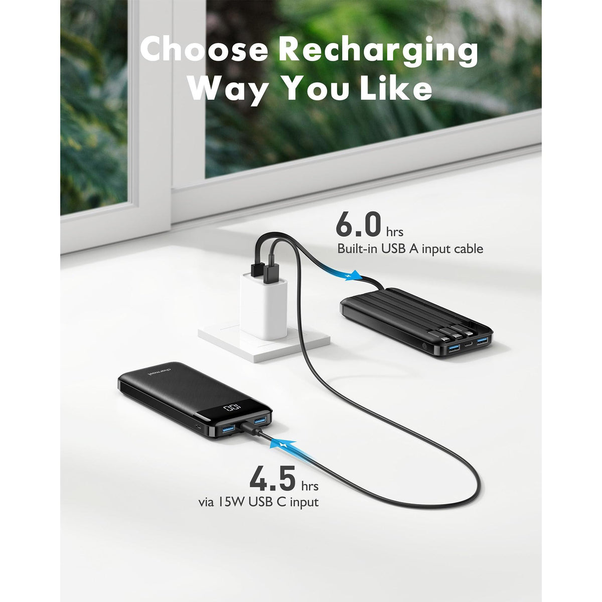 charmast Portable Charger with Built in Cables, Power Bank with Cords Wires, Slim 10000mAh Travel Battery Pack 6 Outputs 3 Inputs 3A Fast Charging for Samsung Google Pixel LG Moto iPhone iPad