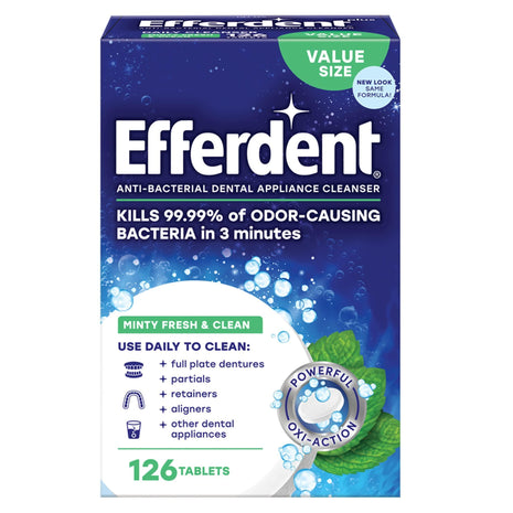 Efferdent Denture Cleaner Tablets, Minty Fresh & Clean, 126 Count | Retainer Cleaner, Use Daily To Clean Dental Appliances, Full Plate Dentures, Aligners & Mouth Guards