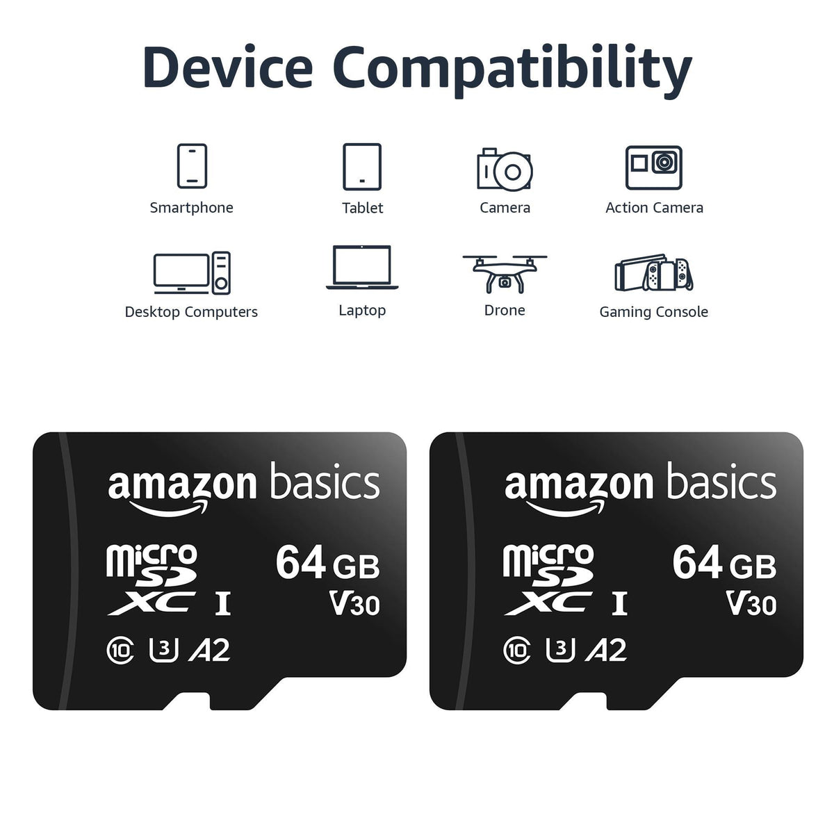 Amazon Basics MicroSDXC UHS-I Class 10 Memory Card with Full Size Adapter, A2, U3, V30, 4K, Read Speed up to 100 MB/s, 64 GB (2pack), for GoPro Cameras Storage, Black