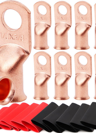 TKDMR 10 PCS 1/0 AWG - 3/8" Battery Cable Lugs Copper Wire Ring Terminals | UL,4:1 Heat Shrink Cable Ends,Wiring Connector Terminal End,Electrical Crimp Connectors