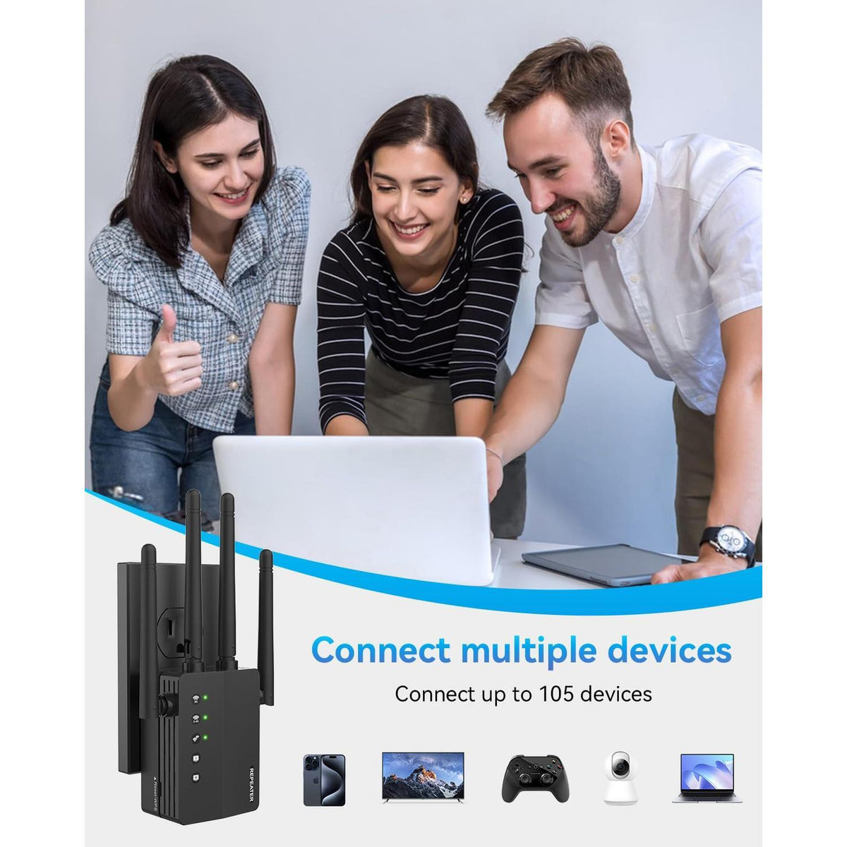 WiFi Extender Signal Booster, 12880 Sq.Ft Range, 105 Device Compatibility, Dual Band 5GHz/2.4GHz, 1200Mbps, WiFi Extender for Expanded Coverage